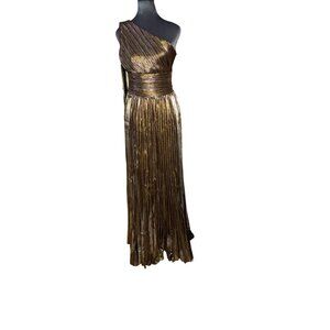 Metallic Gold Pleated One-Shoulder Maxi Dress By Nice To Meet You